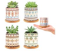Nasxkji 4 pièces pots de succulentes en céramique pots de 7,3 cm pour plantes succulentes avec sous-plat en bambou motif mandala pots de cactus pour décoration mini-plantes et boutures