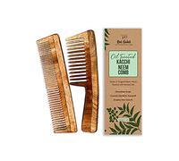 Nat Habit Kacchi Lot de 2 peignes en bois de margousier imbibé de 17 herbes d'huile de margousier et de sésame pour plusieurs actions - démêlage, contrôle des frisottis et brillance (double dent et