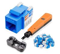 NataLink Lot de 25 prises Keystone Cat 6 RJ45 de 10 Gbit/s Cat6, jack modulaire Ethernet bleu avec outil de perforation et support de perforation pour panneau de brassage et plaque murale