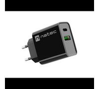 NATEC NUC-2062 Chargeur Secteur Universel 20W, 1x USB-C Power Delivery, 1x USB-A 3.2, Quick Charge 3.0, 100-240V, Noir, Certifié CE/RoHS/UKCA