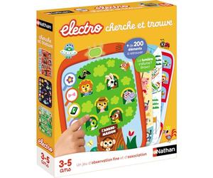 Nathan - Electro Cherche et Trouve - Jeu d'apprentissage - Jeu Electronique | Quiz Educatif -Tactile - Différents thèmes Ecole, Plage, OcéAns, Forêt, - 10 fiches illustrées - A emporter - Dès 3 Ans