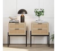 Nathan James Andrew Lot de 2 tables de chevet d'appoint d'appoint avec tiroir de rangement et pieds modernes du milieu du siècle pour salon ou chambre à coucher, chêne/cane/doré