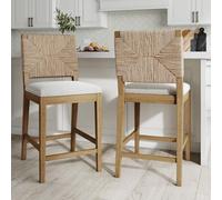 Nathan James Beacon Lot de 2 tabourets de bar rembourrés en boucle, avec cadre en bois massif et dossier en jonc de mer tissé pour îlot de cuisine, marron clair/jonc de mer/crème