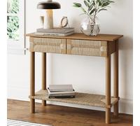 Nathan James Beacon Table console en bois avec tiroirs, table d'entrée bohémienne, table de couloir avec étagère en jonc de mer, marron clair