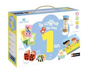 Nathan Petit Le Coffret de Mes 1 an - Jouet Bébé 1 an - Cadeau 12 Mois | Coffret d'Éveil Sensoriel 4 en 1 - Livre de Bain - Bâton de Pluie, Cartes Imagier - Hochets en bois - Cadeau Garçon, Fille