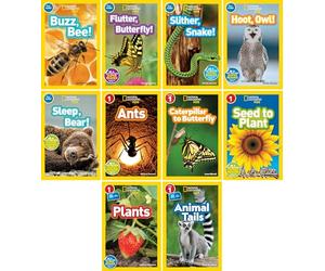 National Geographic Kids 10 Book Set - Pre-Reader & Level 1 : Buzz Bee, Flutter Butterfly, Slither Snake, Hoot Owl, Sleep Bear, Ants, Caterpillar to Butterfly, Seed to Plant, Plants, Animal Tails