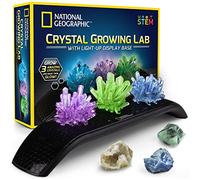 National Geographic Kit de Culture de Cristaux 3 Cristaux de Couleurs à Faire croître en 3 à 5 Jours, Un présentoir Lumineux et 3 véritables Pierres précieuses Comprenant Une géode et de la Fluorite