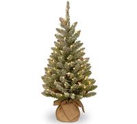National Tree Company Mini Sapin de Noël Artificiel pré-éclairé | Comprend de Petites lumières LED Blanches et Une Base de Sac en Tissu | Sapin enneigé Concolor en Toile de Jute - 0,9 m - Marron/Vert