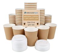 Nationwide Paper Lot de 100 gobelets à café jetables en papier avec couvercles, isothermes et ondulés, pour boissons chaudes à emporter, marron (355 ml, marron)