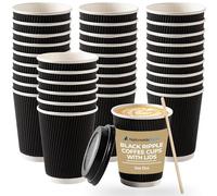 Nationwide Paper Lot de 50 tasses à café avec couvercles, isothermes en carton ondulé pour boissons chaudes à emporter (355 ml, noir)