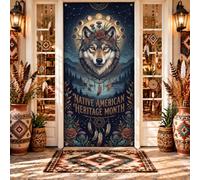 Native America Heritage Wolf Citation Portrait Bohème Portrait Couverture | Bannière de porte d'entrée de style bohème, motifs attrape-rêves, paysage de montagne, floral royal
