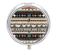 Native American Patterns Pilulier de voyage à 3 compartiments 3 fois par jour - Joli mini pilulier pour sac à main et poche - Boîte à médicaments portable en métal avec miroir rond - Contient des