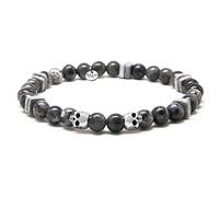 Nato Cuff - Bracelet Skull Tête de Mort en Argent 925 - Pierres Semi Précieuses Larvikite - Perles Céramique Grecque - Bijou Homme ou Femme Fait Main en France (Medium 17cm)