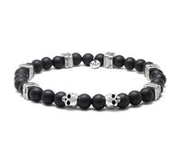 Nato Cuff - Bracelet Skull Tête de Mort en Argent 925 - Pierres Semi Précieuses Onyx - Perles Céramique Grecque - Bijou Homme ou Femme Fait Main en France (Medium 17cm)