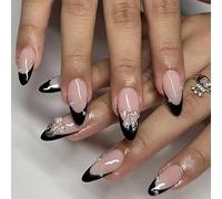 NATOSU Lot de 24 faux ongles à presser - Taille moyenne - Noir nacré - 3D - Manucure des doigts pour femmes et filles