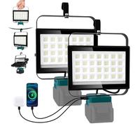 NATPOW Projecteur LED pour Makita 18V, 100W 6500LM Lampe de Chantier, 2 Modes 6000K Phare avec Type C et USB pour Chantier, Garage, Camping, Pêche, 2 Pièces, Sans Batterie