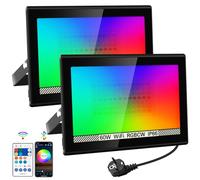 NATPOW Projecteur RGB LED Extérieur 60W, Spot de Couleur avec Application Bluetooth et Télécommande, Étanche IP66 Lumière Extérieure LED, Lampe Changeant de Couleur pour Fête, Jardin, Patio, 2 Pièces