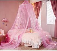 Nattey Bed Canopy for Girls with Star Lights,Princess Canopy Bed Curtains Mosquito Net with Gold Star for Girls Room Decor, Canopy for Bed Twin Single Full Queen Size Bed (Pink)