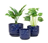 Nattol Lot de 3 Pots de Fleurs en céramique avec Trou de Drainage et Soucoupe, Pots de Fleurs d'intérieur Ronds Modernes avec Motif Hibou, Taille S à M, Bleu Marine