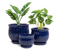 Nattol Lot de 3 Pots de Fleurs en céramique avec Trou de Drainage et Soucoupe, Pots de Fleurs Ronds Modernes en céramique avec Texture à Rayures, Taille S à M, Bleu Marine