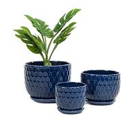 Nattol Lot de 3 Pots de Fleurs Ronds en céramique avec Trou de Drainage et Soucoupe pour intérieur avec Texture inspirée du nid d'abeille, Taille S à M, Bleu Marine