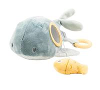 Nattou Jouet d'Activités Sally la Baleine, en Coton et Polyester, avec différentes Activités et Fonction Vibration, env. 32 cm, Roméo, Jules et Sally, Bleu foncé