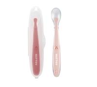 Nattou Mealtime Couverts bébé en silicone - set de 2 pièces avec boîte de protection - couvert enfant - silicone sans BPA - 16 cm - Rose poudré