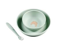Nattou Mealtime Set de vaisselle en silicone pour enfants 3 pièces avec ventouse - assiette ventouse pour bébé - bol - cuillère - antidérapant - sans BPA - Vert tendre