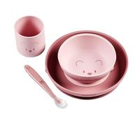 Nattou Mealtime Set de vaisselle Ours pour enfants - silicone - 4 pièces - assiette ventouse pour bébé - bol - gobelet - cuillère - antidérapant - sans BPA - Rose