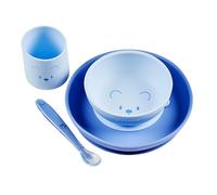Nattou Mealtime Set de vaisselle Ours pour enfants - silicone - 4 pièces - assiette ventouse pour bébé - bol - gobelet - cuillère - antidérapant - sans BPA - Bleu