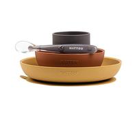 Nattou Set Repas en Silicone Pour Enfants, 4 pcs., Assiette + Bol Antidérapant, Sans BPA, Silicone, Orange/Rouge