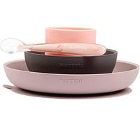 Nattou Set Repas en Silicone Pour Enfants, 4 pcs., Assiette + Bol Antidérapant, Sans BPA, Silicone, Rose/Violet