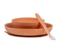 Nattou Vaisselle en Silicone pour Enfants, Set Repas 3 Pièces, 1 Cuillère, 1 Assiette, 1 Bol, Antidérapants, sans BPA, Vegan, Silicone, Motif Terracotta