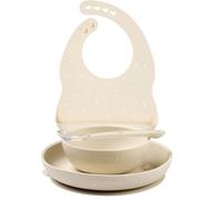 Nattou Vaisselle en Silicone pour Enfants, Set Repas 4 Pièces, 1 Cuillère, 1 Bol avec Couvercle, 1 Gobelet, 1 Bavoir, sans BPA, Vegan, Silicone, Argile