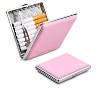NATUCE Étui à Cigarettes Femme, Étui à Cigarettes Flat en Métal, Similicuir PU Boîte a Cigarettes, Porte Cigarette Slim, Paquet Cigarette pour 20 Cigarettes, Rosa