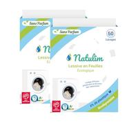 Natulim - Feuilles Lessive 100 Lavages - Sans produits chimiques - Convient aux peaux sensibles - Zéro Déchet et Sans Plastiques - Se dissout même à basse témpérature - Sans Parfum - Lot de 2