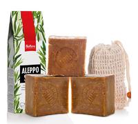 Natura Germania Savon d'Alep 3x env. 200 g (600 g) 100% huile d'olive + pochette en sisal | Savon pour cheveux, savon naturel, savon de douche | Fait main et vegan