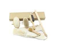 Natural Bath and Body 6 Piece Soft Bristle Brush Long Wooden Handle Back Exfoliating Full Home Spa Kit Body Cleansing