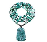 Natural Blue Jadeite Hand Carved Mountain Landscape Pendant Necklace With Oval Jade Beaded Chain Feng Shui Calm Wisdom Good Luck Amulet