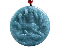 Natural Blue Jadeite Thousand-Armed Guanyin Round Pendant Necklace Feng Shui Protection Blessing Amulet With Braided Cord & Red Agate Bead