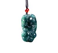 Natural Dark Green Jadeite Hand-Carved Fortune GuardianBeastPendantNecklaceFengShuiWealthProsperityProtectionAmuletWithBraidedCord&RedAgateBead