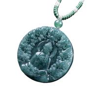 Natural Dark Green Jadeite Nine Dragons Buddha Round Pendant Necklace Feng Shui Protection Blessing Amulet With Braided Cord & Jade Bead