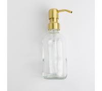 Natural Goods Berlin KLEAN Distributeur de savon avec étiquettes, distributeur de savon de qualité & rechargeable pour cuisine & salle de bain, blanc transparent, tête de pompe en acier inoxydable or,