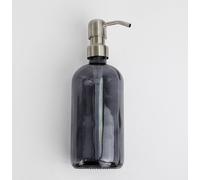 Natural Goods Berlin KLEAN Distributeur de savon avec étiquettes, distributeur de savon de qualité & rechargeable pour la cuisine & la salle de bain, noir transparent, tête de pompe en inox argent, 50