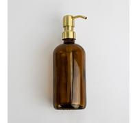 Natural Goods Berlin KLEAN Distributeur de savon avec étiquettes, distributeur de savon de qualité & rechargeable pour la cuisine & la salle de bain, brun transparent, tête de pompe en inox or, 500 ml