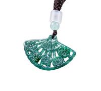 Natural Green Jadeite Fan ShapedPendant Necklace HollowCarvedFloral Pattern Feng Shui Good Luck Amulet With AdjustableBraided Cord&Jade Beads