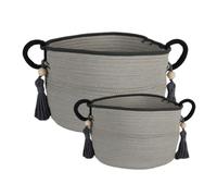 Natural Living Set DE 2 PANIERS Coton POIGNEE Deco Bois ET Pompon H22 ET H28CM