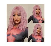Natural Looking & Comfortable, Épaule longue perruque ondulée avec frange synthétique rose Bob Cosplay perruques for les femmes noires cheveux naturels américains résistants à la chaleur,transform Yo