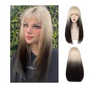 Natural Looking & Comfortable, Perruque de cheveux longs et raides avec frange, perruque blonde dégradée noire grise droite, perruque de cosplay synthétique résistante à la chaleur naturelle for femme