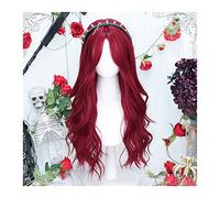 Natural Looking & Comfortable, Perruque synthétique longue ondulée bouclée avec frange, perruque ondulée rouge avec raie centrale for femme, perruque longue Lolita Cosplay résistante à la chaleur,tra